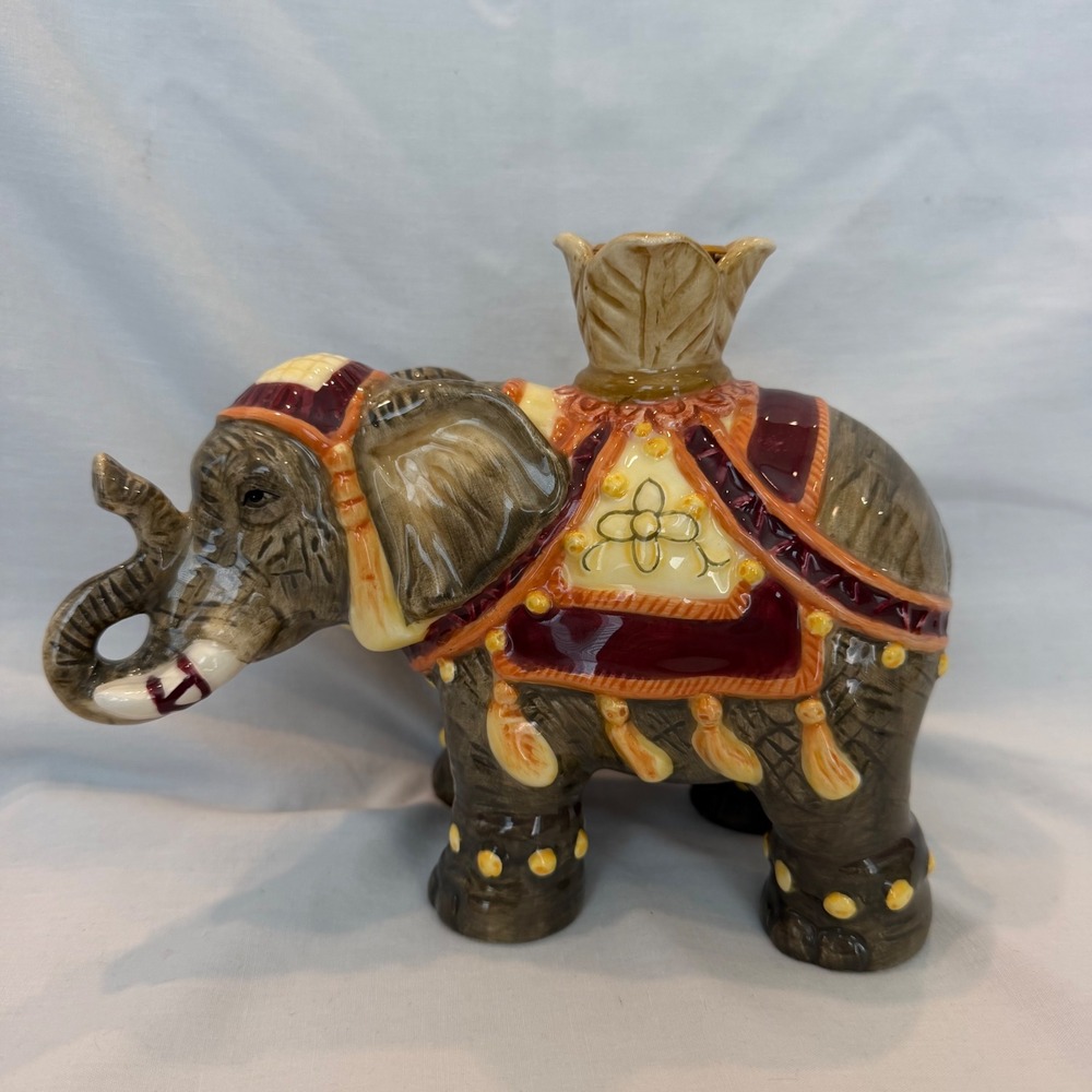 Ceramic Elephant Candle Holder Figurine Trunk Up Good Luck Grey Burgundy Gold